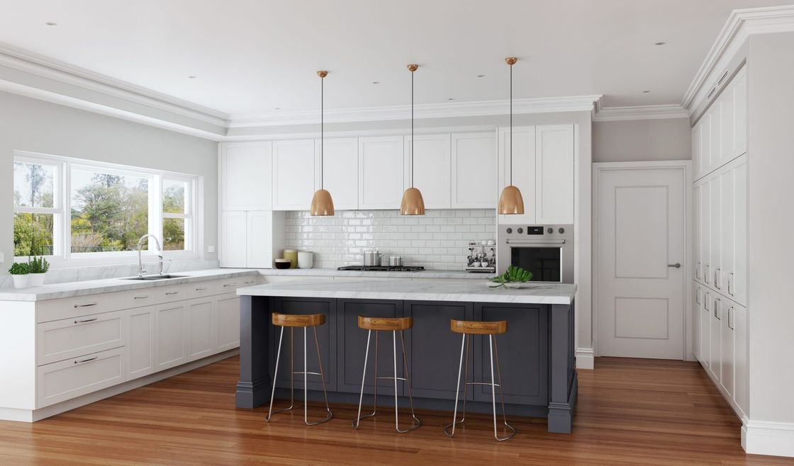 Προσαρμοσμένο φινέρισμα χρώμα Shaker Inset Framed Design κουζίνα ντουλάπι για βίλα / διαμέρισμα