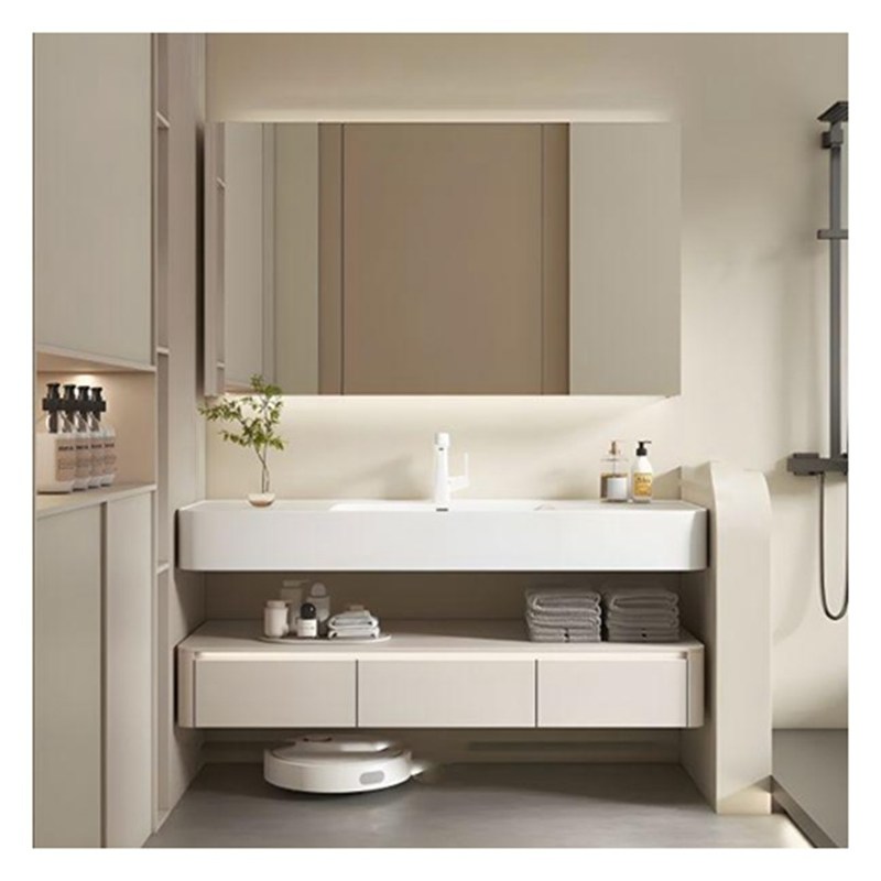 Πλωτό Λευκό Λακαρισμένο Vanity Combo με στρογγυλό σχεδιασμό countertop και συμπαγές ξύλο πόρτες