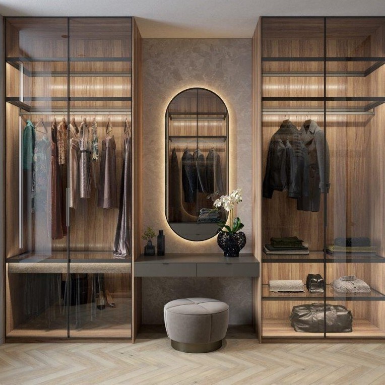 Ρυθμίσιμο MR HDF Board 2024 Luxury Glass Wardrobe Αλουμίνιο Γυψοφόρο Έπιπλα Δύορα ξύλο Custom Designs Closet Wardrobe