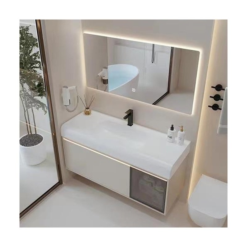 Στον τοίχο τοποθετημένο μπάνιο ντουλάπι με πίνακα πόρτας PVC και αδιάβροχη λεκάνη πλύσης