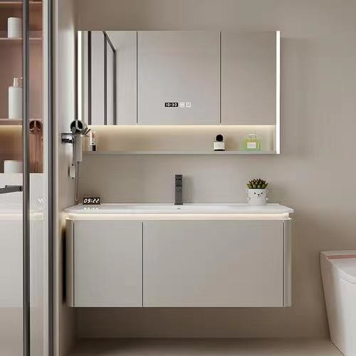 Στον τοίχο τοποθετημένο μπάνιο ντουλάπι με πίνακα πόρτας PVC και αδιάβροχη λεκάνη πλύσης